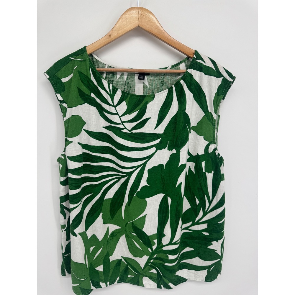 Ann Taylor Tropical Palm Print Top Womens XXL Green Linen  Resortwear Vacation